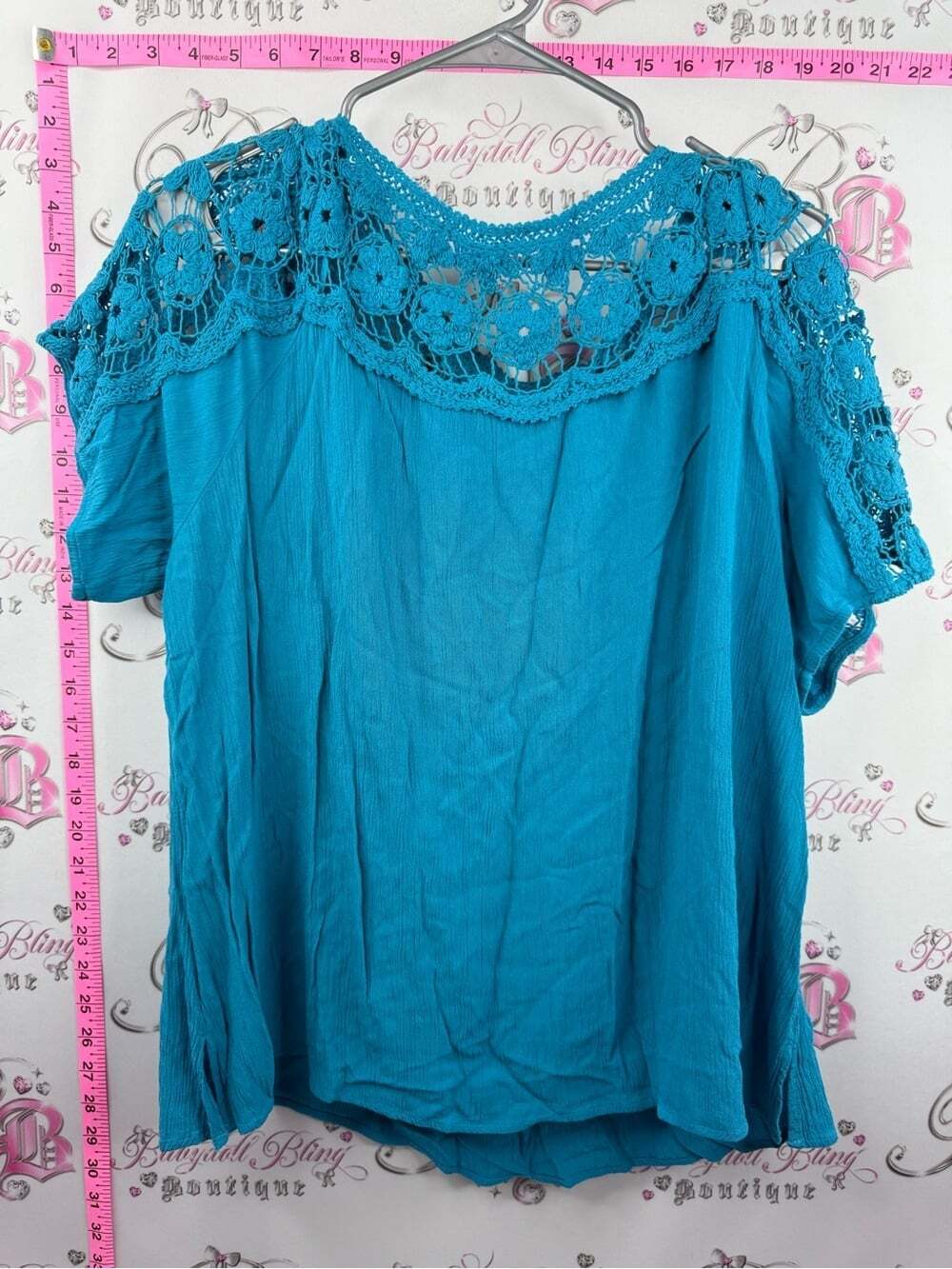 Addition Elle shirt tee tshirt floral details blue Teal Crochet Yoke Blouse